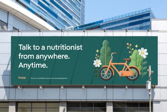 Billboard mockup on building exterior with health theme design, showcasing nutritionist ad with bike and plant graphics.